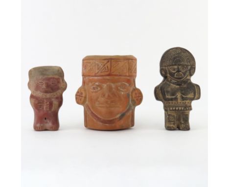 Three (3) Pre Columbian or Later Inca Pottery Figures. Includes: blackware deity figure, polychrome deity figure, and polychr