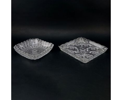 Two (2) Antique or Vintage  Brilliant Cut Glass Trays. A few nicks to edges on both trays. Largest measures 12-1/2" W. Shippi