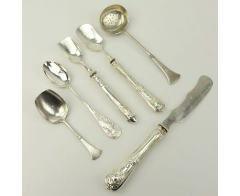 Grouping of Six (6) Antique or Vintage Russian Solid and Handle Silver Tableware. Includes: butter knife, tea strainer, spoon