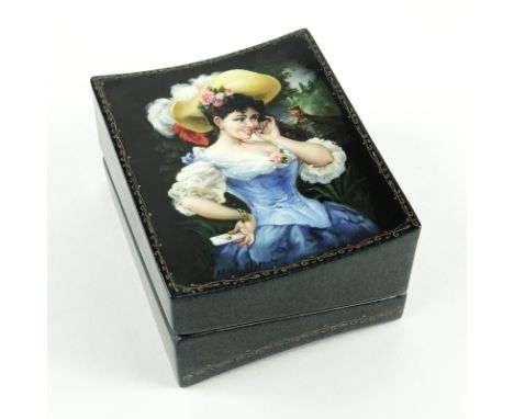 Erotic Russian Lacquer Papier Mache Box. 20th century. Depicts a portrait scene to top and a erotic doctor scene on underside