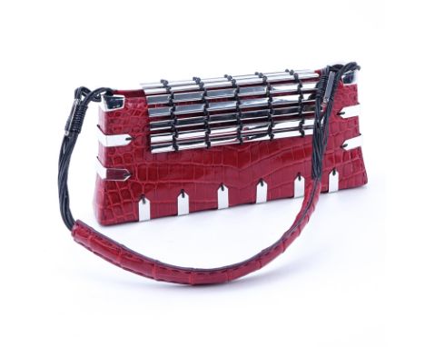 VBH Diva Red Alligator and Sterling Silver Bag. First Edition 109/300 for Bergdorf Goodman. Red suede interior, leather strap