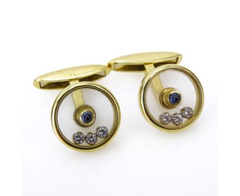 Chopard Happy Diamond 18 Karat Yellow Gold, .30 Carat Diamond and .30 Carat Sapphire Cufflinks. Diamonds F color, VS1 clarity