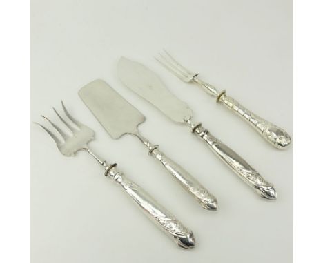 Grouping of Four (4) Russian Art Nouveau Silver Handle Serving Pieces. Includes: fish knife, fish server, serving fork, and 3