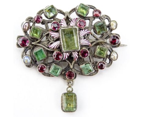 Antique Austro-Hungarian Emerald, Garnet, Pearl, Enamel and Low Grade Silver Brooch. Unsigned. Losses to one emerald. Measure