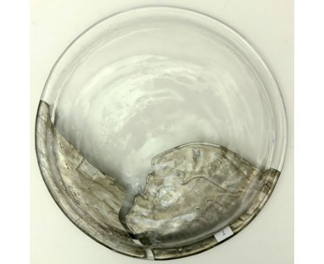 Vintage Clear Art Glass Plate With Pewter Overlay. Decorated with a "Dove Of Peace" Design. Initialed PB. Light wear or in go