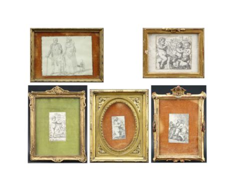 Grouping of Six (6) Antique to Vintage Artworks. Includes four engravings and one ink wash. Toning and foxing. Largest measur