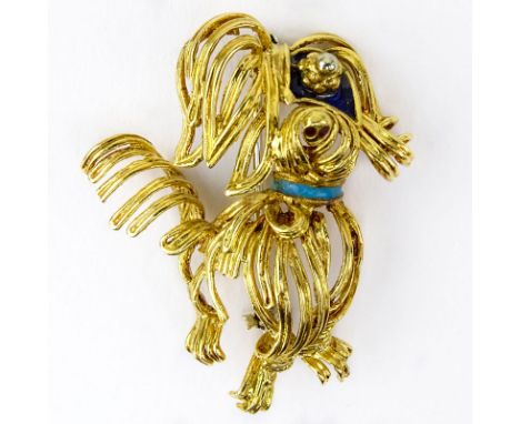 Vintage Van Cleef & Arpels style 18 Karat Yellow Gold and Enamel Dog Brooch. Signed/Hallmarked. Good condition. Measures 1-3/