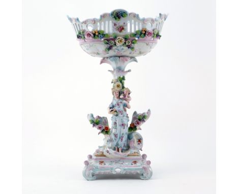 Large Vintage Dresden Figural Porcelain Compote. Decorated with hand painted and transferred floral design. Unsigned. Losses,