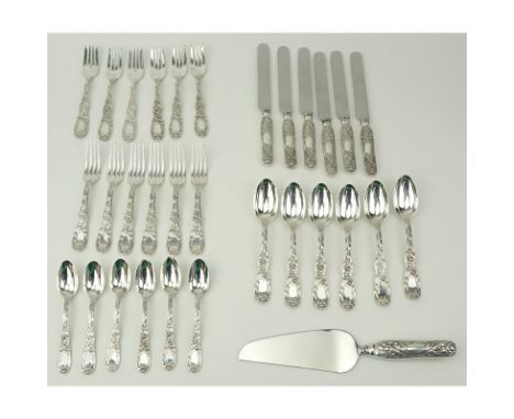 Tiffany & Co Service for Six "Chrysanthemum" Sterling Silver Flatware. Includes: 6 luncheon forks, 6 salad forks, 6 spoons, 6