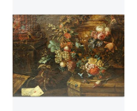 17th Century English Old Master Oil On Canvas "Still Life With Flowers, Insects, Sealed Letter and Snake" Signed left side in