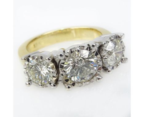 Vintage Approx. 3.75 Carat Round Brilliant Cut Diamond and 18 Karat Yellow and White Gold Three Stone Ring Set with an Approx