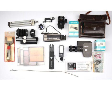 inclduing a Canon Zoom 8 Cine Camera, an Aico copy device for K-mount, a Pangor Mirror Circle-Anglescope, and much more,