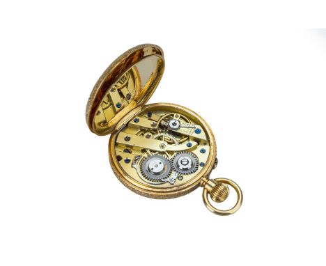 The white enamel dial with black Roman numerals and blued steel spade hand. Note, one hand is broken off. The case chased wit