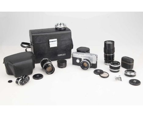 complete with F. Zuiko f/1.8 38mm, E.Zuiko f/2 25mm, E.zuiko f/3.5 100mm and Zuiko f/3.5 50-90mm, body, G-VG, shutter working