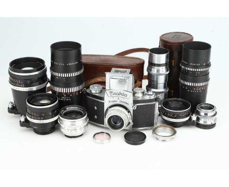 including Carl Zeiss Tessar f/3.5 50mm (2), Carl Zeiss Biometar f/2.8 80mm, Biometar f/2.8 120mm, Meyer-Optik Primagon f/4.5 