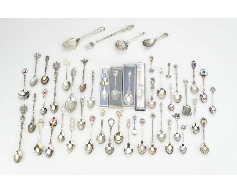 43 spoons, all 20th century, souvenir spoons, commemorative spoons, other decorative spoons from around the world, the vast m