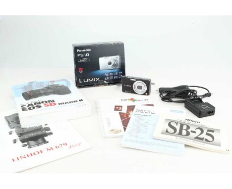 including 'Canon EOS 5D Mark II Guide to Digital SLR Photography', and a boxed Panasonic FS10 digital compact camera,