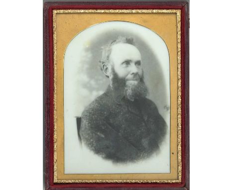 portrait of a Victorian gentleman, c.1860, image on white glass, in velvet-lined Morocco case stamped in gilt with royal cres