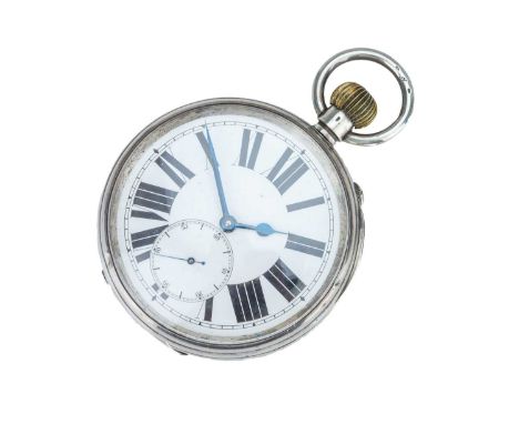 The white enamel dial with black Roman numerals, blued steel hands, and subsidiary seconds dial. The Swiss 15 jewel club toot