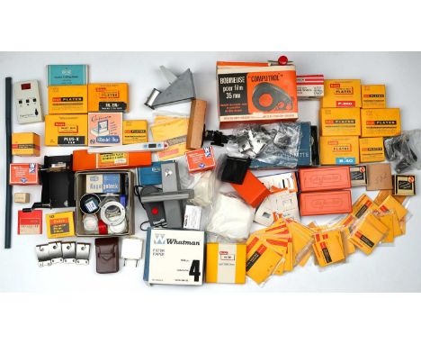 including sealed boxes of Kodak Photographic Plates, bulk film loading tools, 3 boxes of unused half frame slide mounts, 6x6 