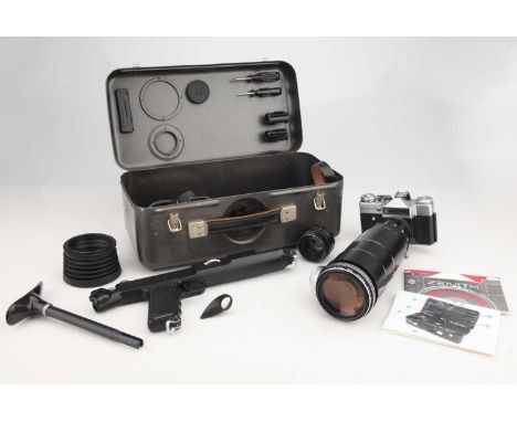 in fitted metal case with accessories and instructions, also with a Zenit ES 35mm SLR camera, also with a Helios 44-2 58mm f/