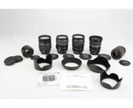 including EF f/1.8 50mm, EF-S f/4-5.6 17-85mm IS USM, EF-S f/3.5-4.5 10-22mm, EF 3.5-5.6 28-135mm and EF, overall, G-VG, some