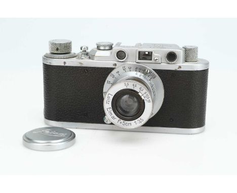 chrome, serial no. 218308, with Leitz Elmar f/3.5 50mm lens, body, G, shutter working, lens, G, some internal haze