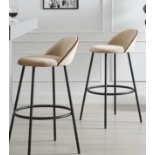 Barton Set of 2 Champagne Velvet Upholstered Bar Stools with Contrast Piping. - R8.8. RRP £169.99.