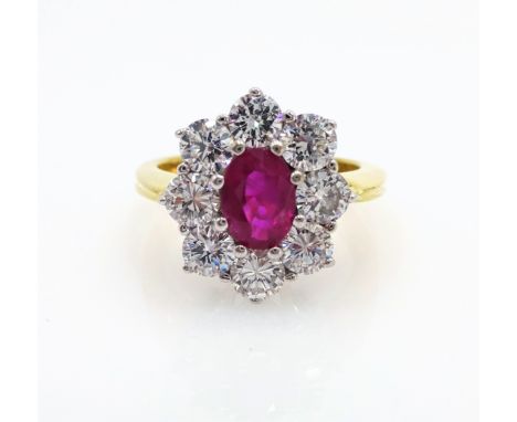 Ruby and diamond gold cluster ring hallmarked 18ct, ruby 0.96 carat, diamonds 1.5 carat   Condition Report  Size M- N, approx