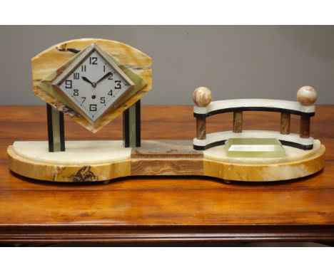 Art Deco marble mantel clock, silvered diamond Arabic dial set on green marble lozenge, curved balustrade with spherical fini