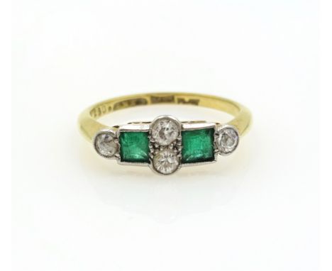 Art Deco emerald and diamond gold ring stamped 18ct PLAT   Condition Report  Approx 2.4gm, size M, Head length = 1.4cm Click 