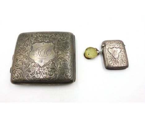 Edwardian silver cigarette case by Joseph Gloster Ltd Birmingham 1906 and similar vesta with army brass cap locket fob with r