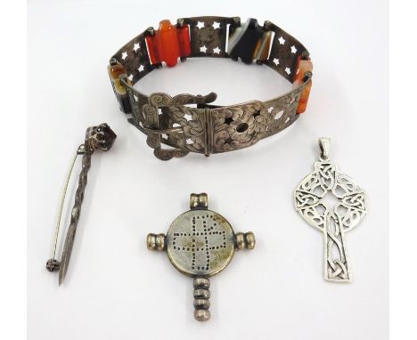 Victorian Scottish hardstone and silver bracelet, unmarked, Ortak silver plaid pin by Malcolm Gray hallmarked, Celtic cross p