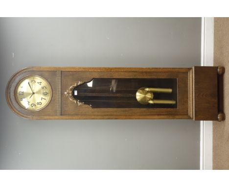 Early 20th century oak longcase clock, arched case with convex glass bezel, shaped stepped arched trunk door with bevelled gl