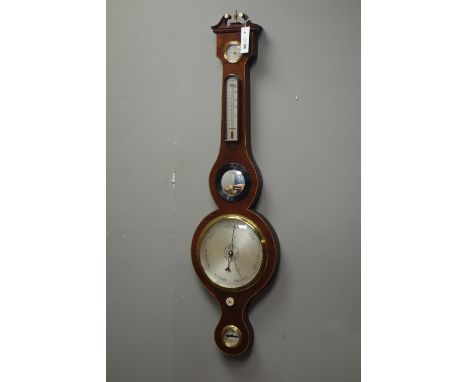 George III style mahogany five dial banjo barometer, with swan neck pediment, silvered dial, H96cm