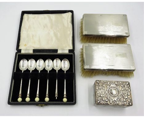 Pair of Art Deco silver backed hair brushes, silver top dressing table jar and set of six hallmarked silver coffee spoons wit