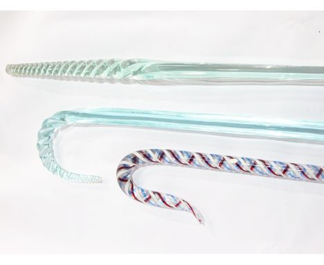 White, red and blue multiple series opaque twist glass walking stick, aqua glass walking stick, straight with spirally twiste