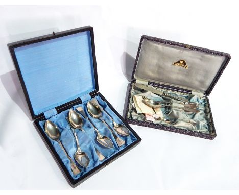Continental silver-coloured metal child's knife, fork and spoon set, four piece all with 800 mark, cased and set of six conti