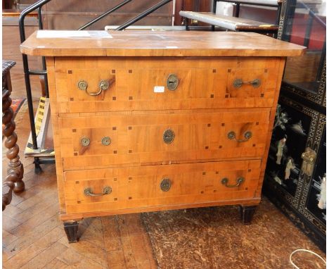 An Austrian 19th century walnut veneered chest of drawers, the central panel top with fine figuring, banded borders, cuff-off