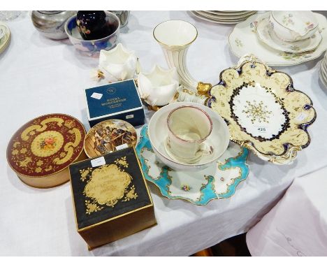 Coalport china conical and fish vase in gilt and white, early English porcelain sugar bowl, various Royal Crown Derby and Roy