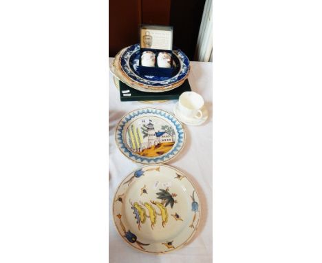 A Premier eggcup by Royal Worcester, an oriental-style blue and white plate, an Imari-style plate, two faience plates and oth