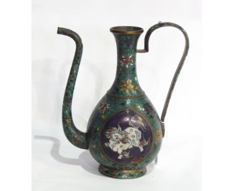 Antique Chinese cloisonne coffee pot in turquoise blue and floral decoration with raised dark blue panel depicting dog, 24cm 
