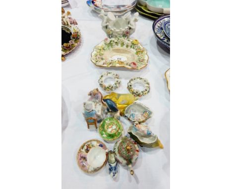 Dresden style basket pattern dish with floral encrusted border, Sitzendorf flower basket with pair cherub handles, various ce