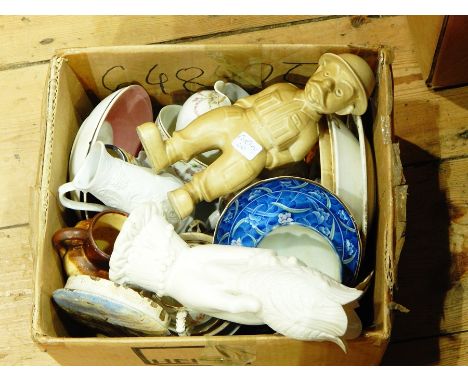 Pottery humorous soldier figure wearing tin helmet, Victorian Parian hand and bud vase and various decorative ceramics (1 box