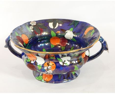 A Carltonware lustre two-handled bowl with handpainted decoration of fruits, 26cm wide 