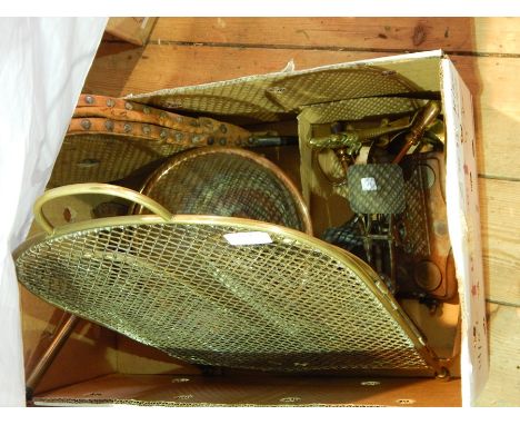 A quantity of copper and brassware to include pan, fireguard, bellows, scales, etc. (1 box) 