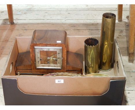 Art Deco style Westminster chime mantel clock, brass shell cases, resin model of a pheasant, etc. (1 box) 