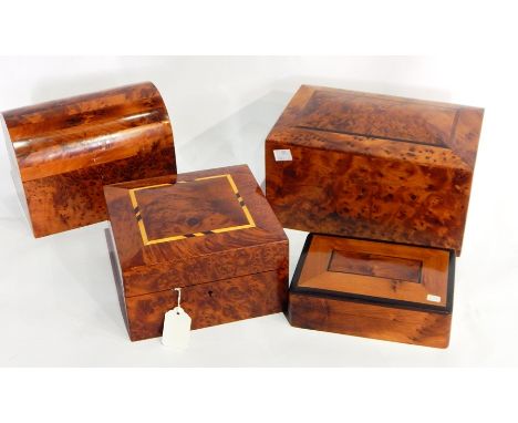 A domed top thuja wood box, a trinket box with fitted interior and another and a rectangular box with ebony borders (4) 