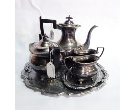 Silver plated flatware service for six persons and plated four piece tea/coffee service and two trays 