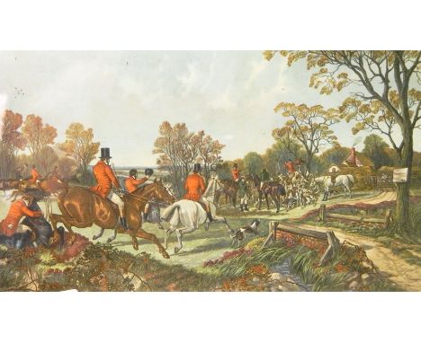 Set of four "Herrings Foxhunting Scenes"colour prints and an oak barometer